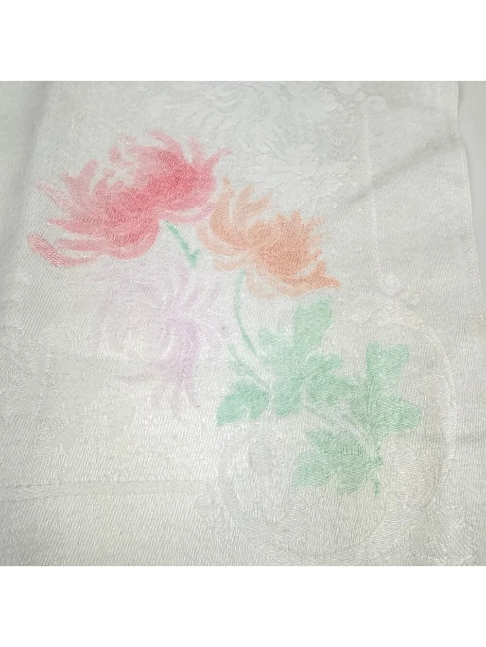 Vintage White Damask Rayon Napkins Pastel Floral Chrysanthemum Set Of 8
